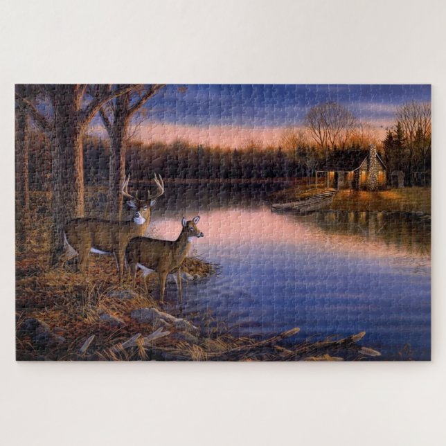 Buck n Doe Deer At The Cabin At The Lake Jigsaw Puzzle (Horizontal)