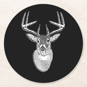 Buck on Black White Tail Deer head Round Paper Coaster