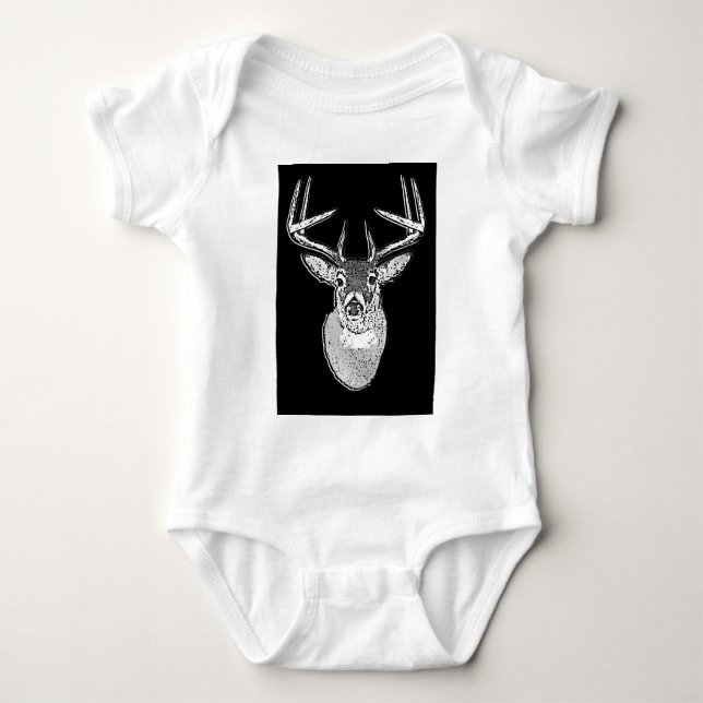 Buck on Bold Black White Tail Deer Baby Bodysuit (Front)