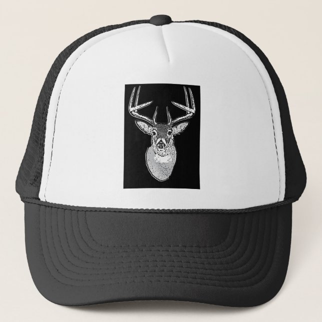 Buck on Bold Black White Tail Deer Trucker Hat (Front)