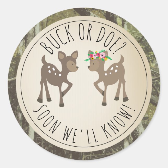 Buck Or Doe Camo Baby Gender Reveal Classic Round Sticker (Front)
