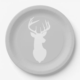 Buck White Deer Silhouette Plate   Light Grey