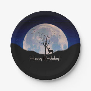 Buck with Big Rack Against Full Moon Happy BD Paper Plate