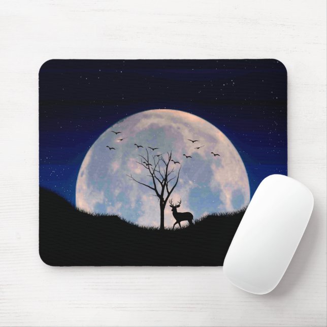 Buck with Big Rack Against Full Moon Mouse Pad (With Mouse)