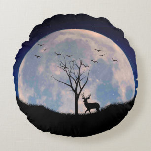 Buck with Big Rack Against Full Moon Round Cushion