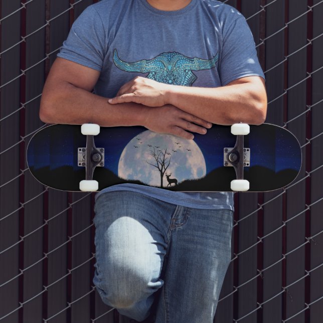 Buck with Big Rack Against Full Moon Skateboard (Outdoor 3)