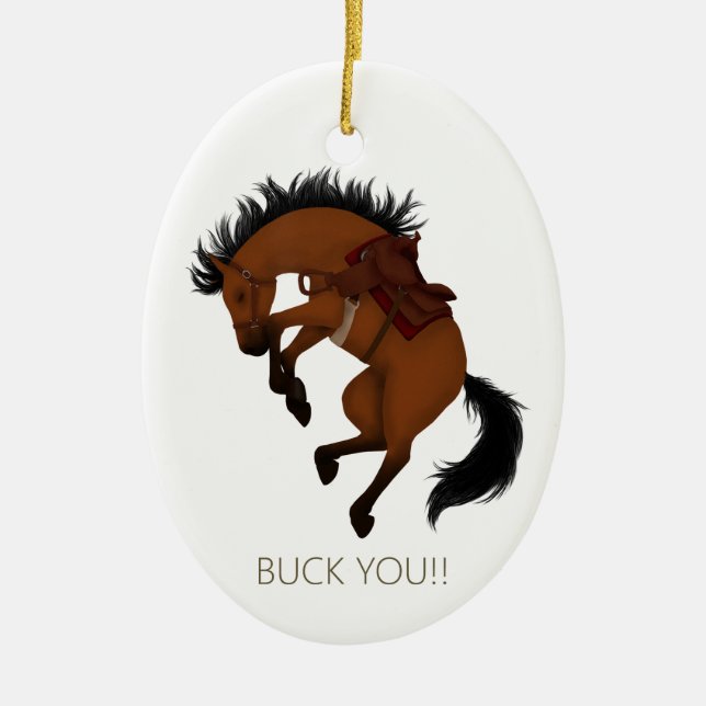 Buck You! Funny Bay Horse Personalised Ceramic Tree Decoration (Front)