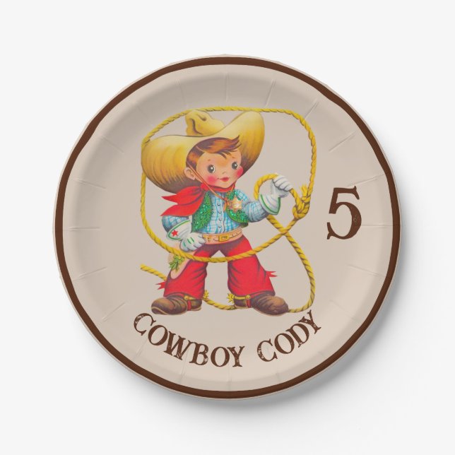 Buckaroo Cowboy Boy's Birthday Name & Age Paper Plate (Front)
