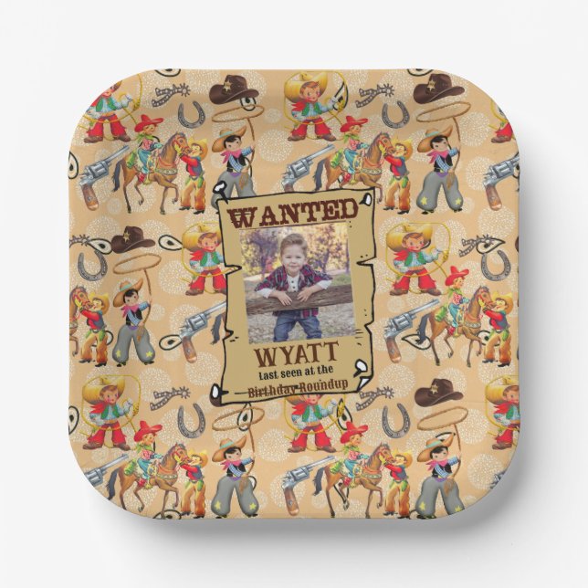 Buckaroo Cowboy Boy's Birthday Photo & Name Cute Paper Plate (Front)