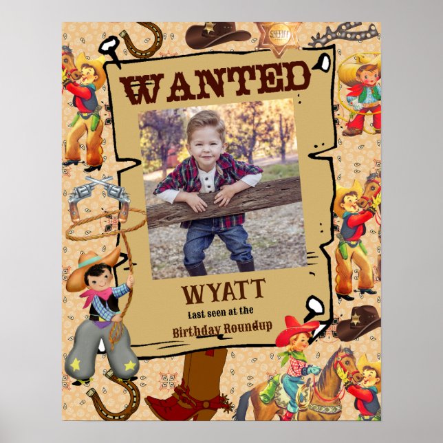Buckaroo Cowboy Boy's Photo Birthday Wanted Poster (Front)