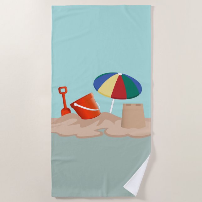Bucket and Spade Beach Scene Illustration Beach Towel (Front)
