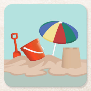 Bucket and Spade Beach Scene Illustration Square Paper Coaster