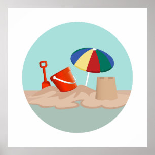 Bucket and Spade Circle Beach Scene Illustration Poster