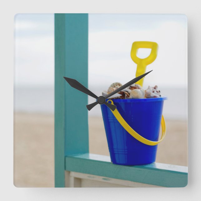 Bucket Filled With Seashells Square Wall Clock (Front)