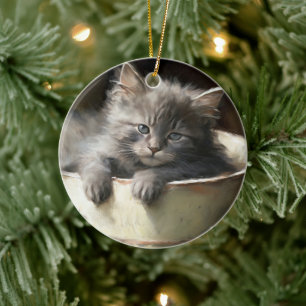Bucket Full Of Joy Sweet Gray Kitten Ceramic Tree Decoration