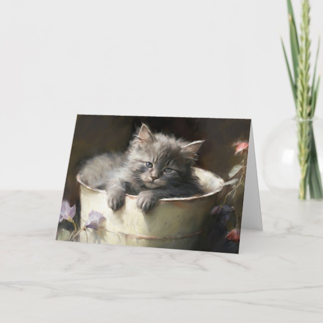 Bucket Full Of Joy Sweet Grey Kitten Greeting Card (Front)
