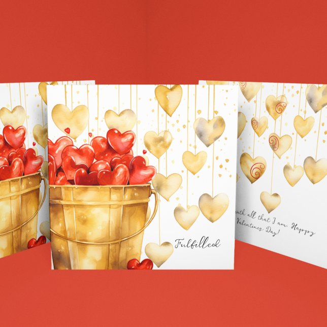 Bucket Full of Red Hearts and Gold Love Hearts Card (Bucket full of Valentine's red hearts with gold hearts on a string for love day customizable cards.)