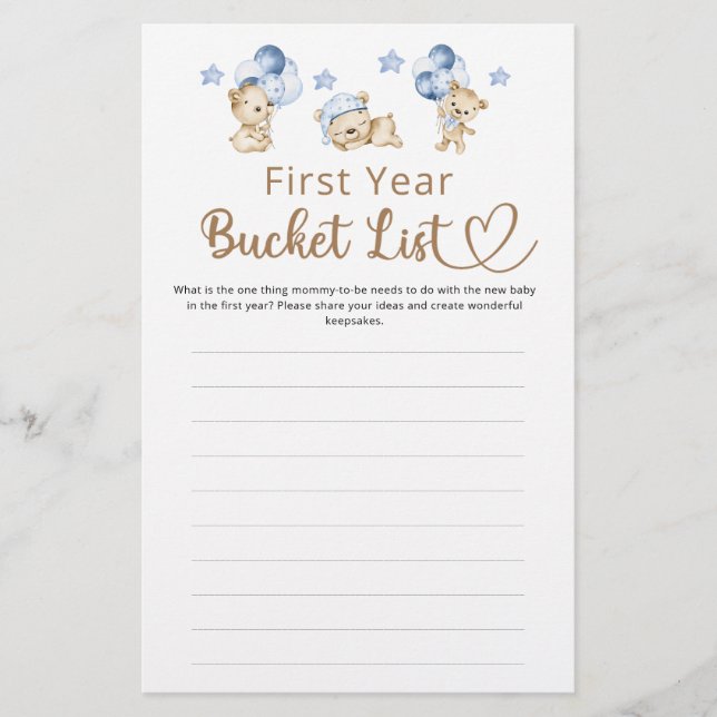 Bucket List First Year Boy Teddy Bear Baby Shower  (Front)