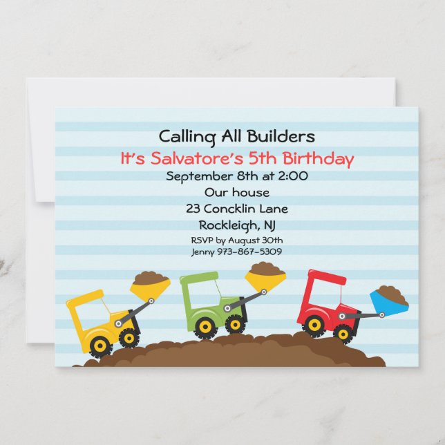 Bucket Loader Boys Construction Invitation (Front)