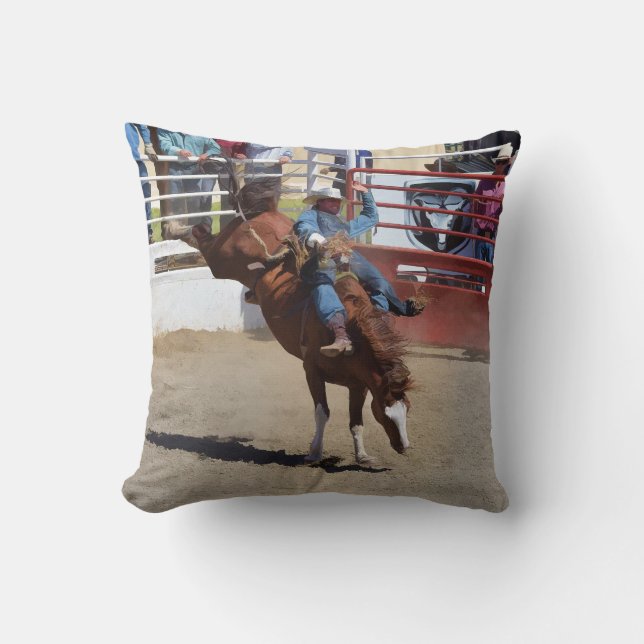 Bucking Bareback Bronco and Rodeo Cowboy Cushion (Front)