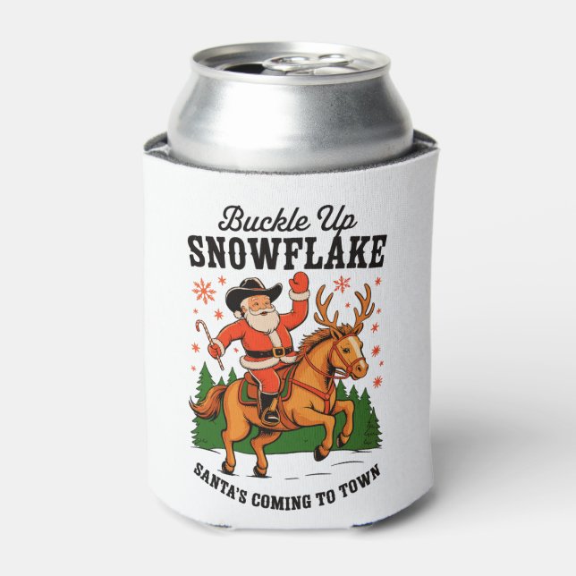 Buckle Up Snowflake Rodeo Cowboy Santa Christmas Can Cooler (Can Front)