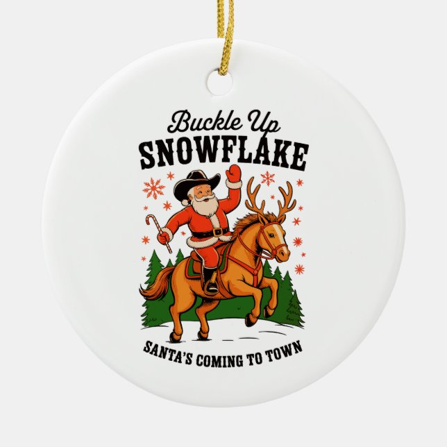 Buckle Up Snowflake Rodeo Cowboy Santa Christmas Ceramic Tree Decoration (Front)