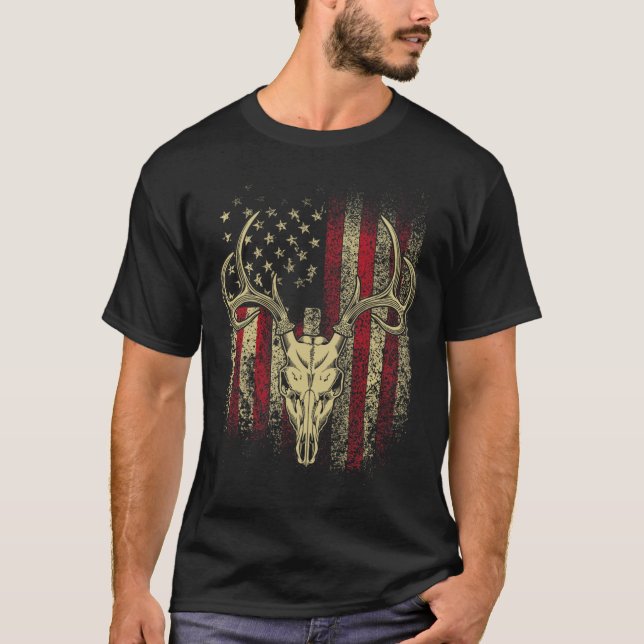 Bucks Antlers and Skull on an American Flag Deer H T-Shirt (Front)