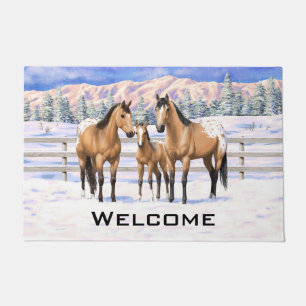 Buckskin Appaloosa Horses In Snow Doormat