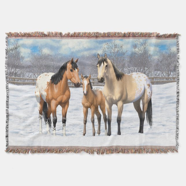 Buckskin Appaloosa Horses In Snow Throw Blanket (Front)
