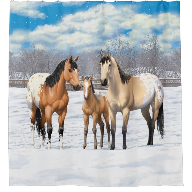 Buckskin Appaloosa Horses In Winter Pasture Shower Curtain (Front)