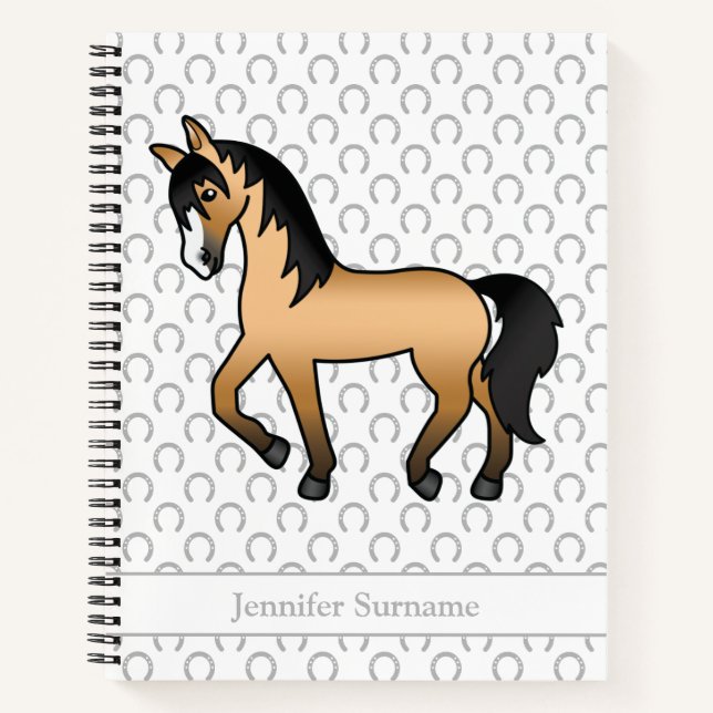 Buckskin Cartoon Trotting Horse & Custom Text Notebook (Front)