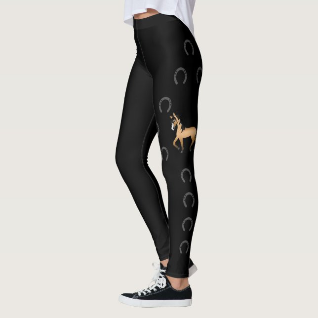 Buckskin Cute Cartoon Trotting Horse & Horseshoes Leggings (Left)