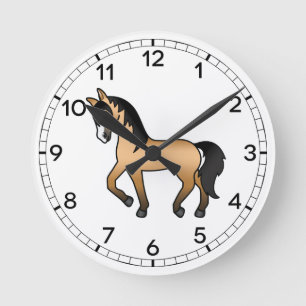 Buckskin Cute Cartoon Trotting Horse Illustration Round Clock