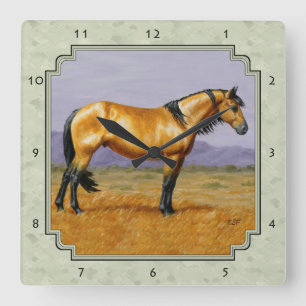 Buckskin Horse Mustang Stallion Sage Green Square Wall Clock