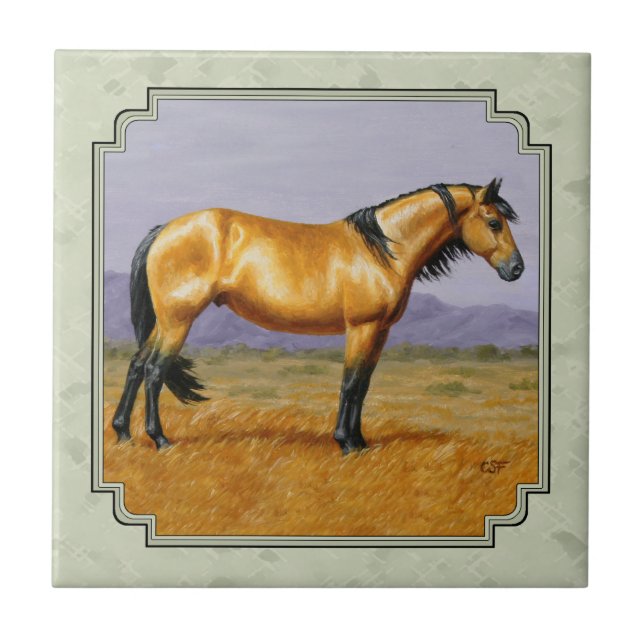 Buckskin Horse Mustang Stallion Sage Green Tile (Front)