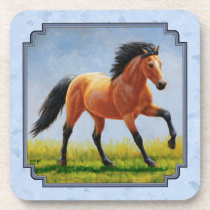 Buckskin Horse Running Light Blue Coaster
