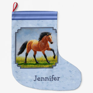 Buckskin Horse Running Light Blue Large Christmas Stocking