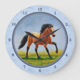 Buckskin Horse Running Light Blue Large Clock