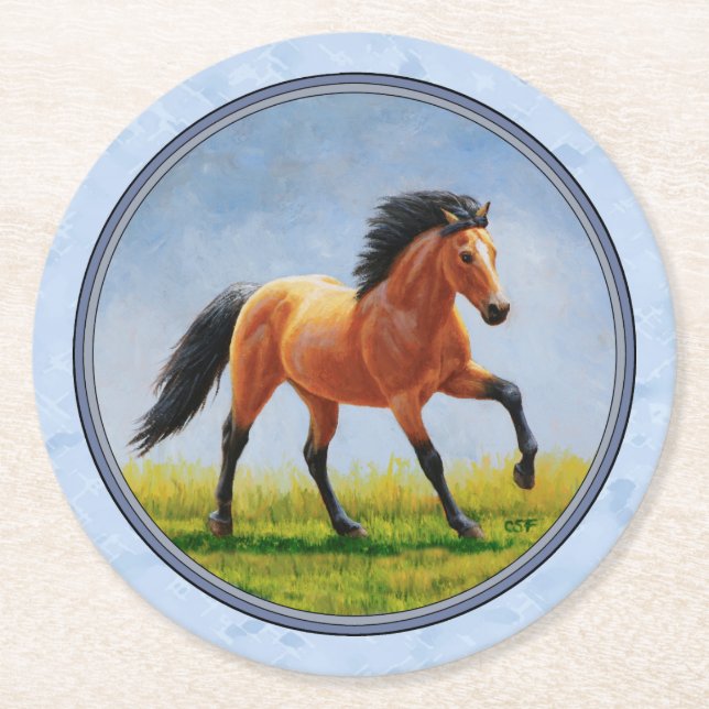 Buckskin Horse Running Light Blue Round Paper Coaster (Front)