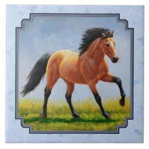 Buckskin Horse Running Light Blue Tile