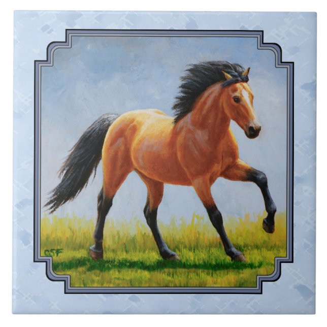 Buckskin Horse Running Light Blue Tile (Front)