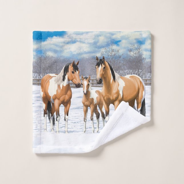 Buckskin Paint Horses In Snow Bath Towel Set (Wash Cloth)