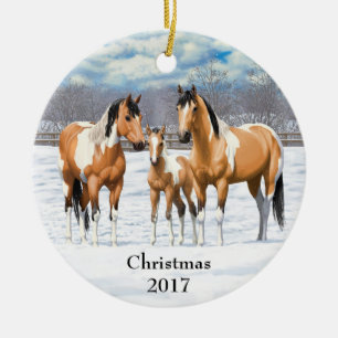 Buckskin Paint Horses In Snow Ceramic Tree Decoration