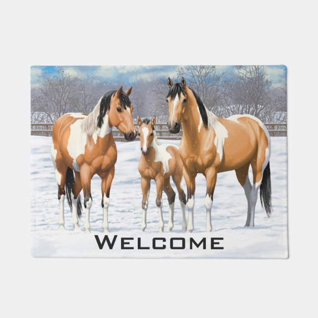 Buckskin Paint Horses In Snow Doormat (Front)