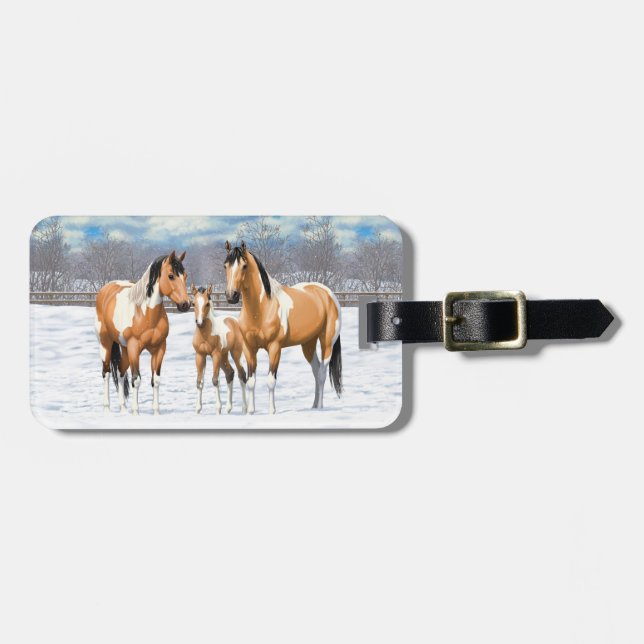 Buckskin Paint Horses In Snow Luggage Tag (Front Horizontal)