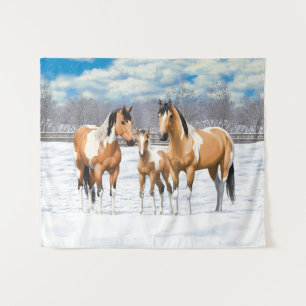 Buckskin Paint Horses In Snow Tapestry