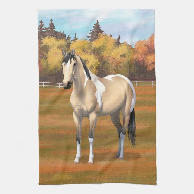 Buckskin Pinto Dun Paint Horse Staillion Tea Towel (Vertical)