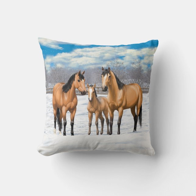 Buckskin Quarter Horses In Snow Cushion (Front)