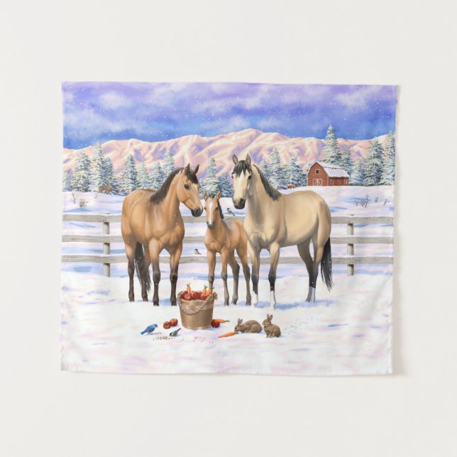 Buckskin Quarter Horses In Snow Tapestry (Front (Horizontal))