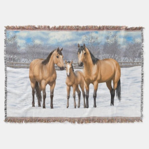 Buckskin Quarter Horses In Snow Throw Blanket
